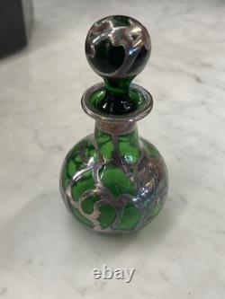 Early 20th Century Art Nouveau Green Sterling Silver Overlay Perfume Bottle