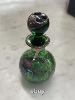 Early 20th Century Art Nouveau Green Sterling Silver Overlay Perfume Bottle