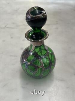 Early 20th Century Art Nouveau Green Sterling Silver Overlay Perfume Bottle