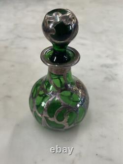 Early 20th Century Art Nouveau Green Sterling Silver Overlay Perfume Bottle