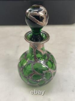 Early 20th Century Art Nouveau Green Sterling Silver Overlay Perfume Bottle