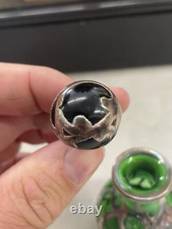 Early 20th Century Art Nouveau Green Sterling Silver Overlay Perfume Bottle