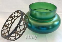 Early 20th c Loetz Style Green Iridescent Art Glass Vase withBrass Filigree Collar