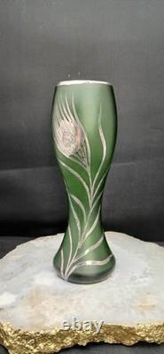 Early Original Antique Art Nouveau Emerald Green Satin Glass Vase Silver Overlay
