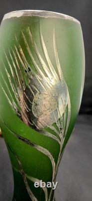 Early Original Antique Art Nouveau Emerald Green Satin Glass Vase Silver Overlay