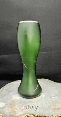 Early Original Antique Art Nouveau Emerald Green Satin Glass Vase Silver Overlay