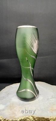 Early Original Antique Art Nouveau Emerald Green Satin Glass Vase Silver Overlay