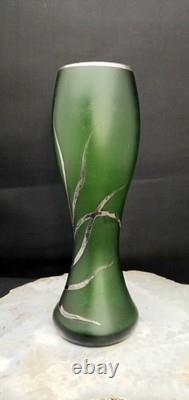 Early Original Antique Art Nouveau Emerald Green Satin Glass Vase Silver Overlay
