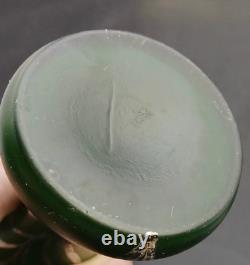 Early Original Antique Art Nouveau Emerald Green Satin Glass Vase Silver Overlay