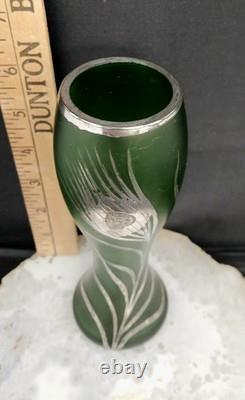 Early Original Antique Art Nouveau Emerald Green Satin Glass Vase Silver Overlay