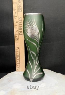 Early Original Antique Art Nouveau Emerald Green Satin Glass Vase Silver Overlay