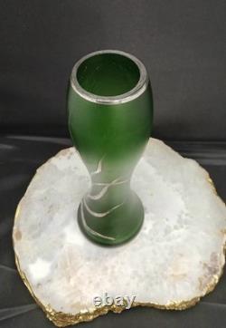 Early Original Antique Art Nouveau Emerald Green Satin Glass Vase Silver Overlay