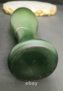 Early Original Antique Art Nouveau Emerald Green Satin Glass Vase Silver Overlay