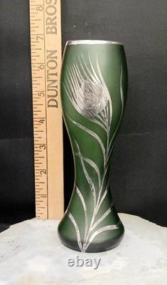 Early Original Antique Art Nouveau Emerald Green Satin Glass Vase Silver Overlay