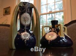 Early Pair of Quad Handled Teplitz Art Nouveau Cobalt Blue Amphora Vases