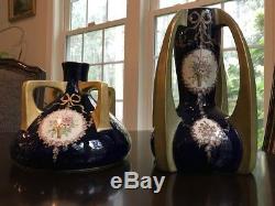 Early Pair of Quad Handled Teplitz Art Nouveau Cobalt Blue Amphora Vases