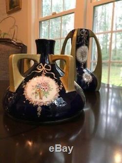 Early Pair of Quad Handled Teplitz Art Nouveau Cobalt Blue Amphora Vases