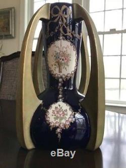 Early Pair of Quad Handled Teplitz Art Nouveau Cobalt Blue Amphora Vases
