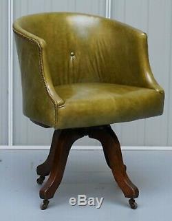 Early Victorian Green Leather Original Barrel Back Swivel Captains Office Chair