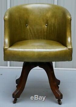 Early Victorian Green Leather Original Barrel Back Swivel Captains Office Chair