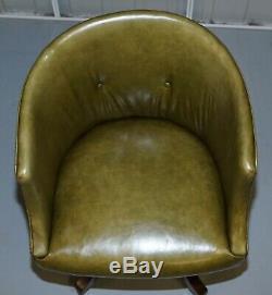 Early Victorian Green Leather Original Barrel Back Swivel Captains Office Chair