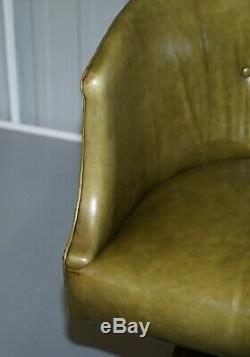 Early Victorian Green Leather Original Barrel Back Swivel Captains Office Chair