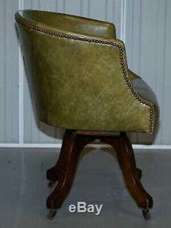 Early Victorian Green Leather Original Barrel Back Swivel Captains Office Chair