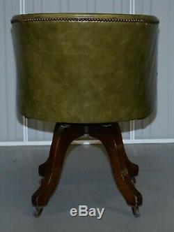 Early Victorian Green Leather Original Barrel Back Swivel Captains Office Chair