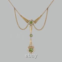 Edwardian 15ct Gold Peridot Seed Pearl Necklace Art Nouveau Art Deco Elegance