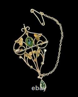 Edwardian Antique Art Nouveau 9ct gold peridot and pearl brooch