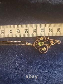 Edwardian Art Nouveau 9ct Gold Lavalier Pendant with Two Peridot & 9ct Chain