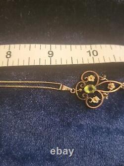 Edwardian Art Nouveau 9ct Gold Lavalier Pendant with Two Peridot & 9ct Chain