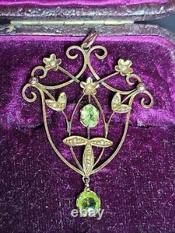 Edwardian Art Nouveau 9ct Rose Gold Lavalier Pendant Set with Two Peridot