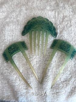 Edwardian Art Nouveau Green Celluloid Hair Set c. 1900-1915 x 3 Matching Pieces