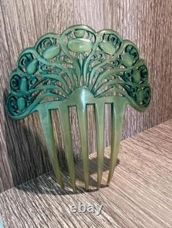 Edwardian Art Nouveau Green Celluloid Hair Set c. 1900-1915 x 3 Matching Pieces