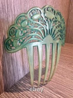 Edwardian Art Nouveau Green Celluloid Hair Set c. 1900-1915 x 3 Matching Pieces