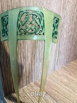 Edwardian Art Nouveau Green Celluloid Hair Set c. 1900-1915 x 3 Matching Pieces