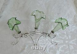 Edwardian Epergne Three Fluted Green Glass Vases on Silver Plate Stand c1910