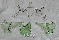 Edwardian Epergne Three Fluted Green Glass Vases on Silver Plate Stand c1910