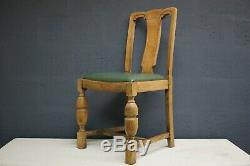 Edwardian Oak Dining Chairs, Art Nouveau Design with Green Vinyl Upholstery