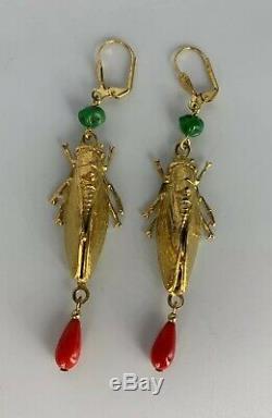 Egyptian Revival Cicada Locust Long Gilt Earings Coral Red Green Gold Vintage