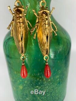 Egyptian Revival Cicada Locust Long Gilt Earings Coral Red Green Gold Vintage