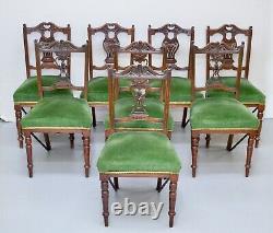 Eight Edwardian Carved Walnut Dining Chairs, Green Upholstered