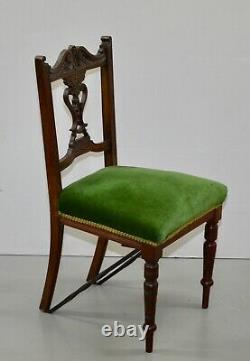 Eight Edwardian Carved Walnut Dining Chairs, Green Upholstered