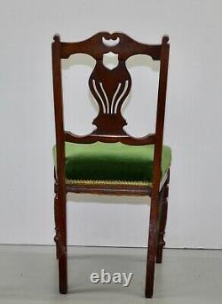 Eight Edwardian Carved Walnut Dining Chairs, Green Upholstered