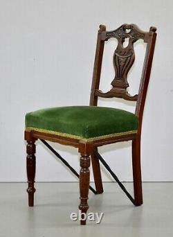 Eight Edwardian Carved Walnut Dining Chairs, Green Upholstered