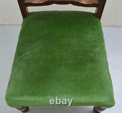 Eight Edwardian Carved Walnut Dining Chairs, Green Upholstered