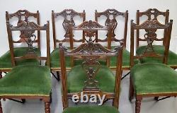 Eight Edwardian Carved Walnut Dining Chairs, Green Upholstered