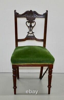 Eight Edwardian Carved Walnut Dining Chairs, Green Upholstered