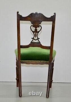 Eight Edwardian Carved Walnut Dining Chairs, Green Upholstered